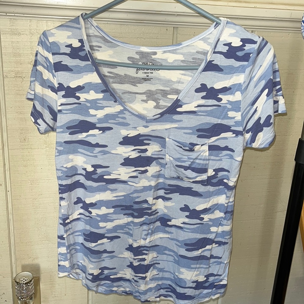 Rue21 Blue Camo V-neck Pocket T-Shirt